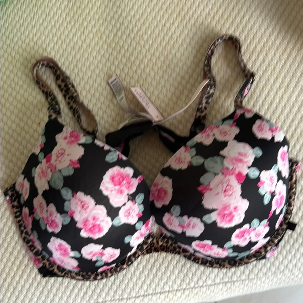 Victoria's Secret Black and Pink Floral Bra with Rhinestone Straps - Picture 5 of 6